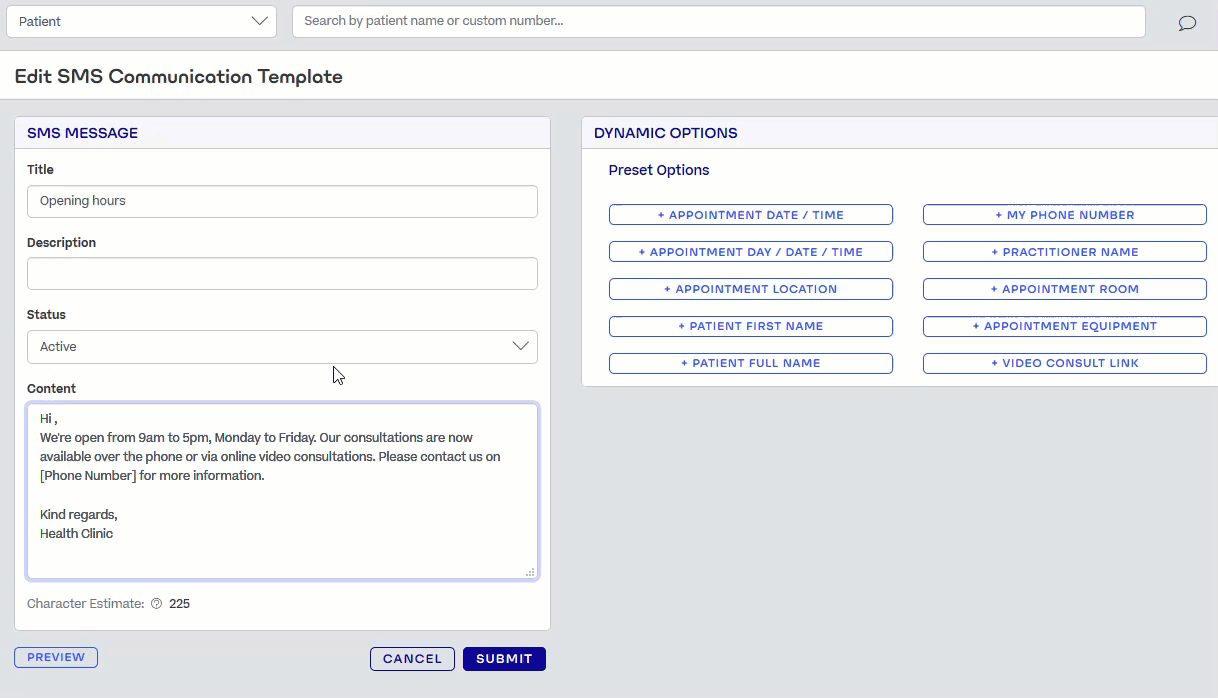 The user edits an SMS Communication Template and clicks a Dynamic Term to add it.