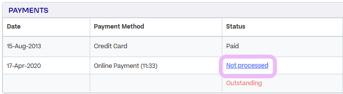 In the Payments section of an invoice, the Status of a payment is highlighted