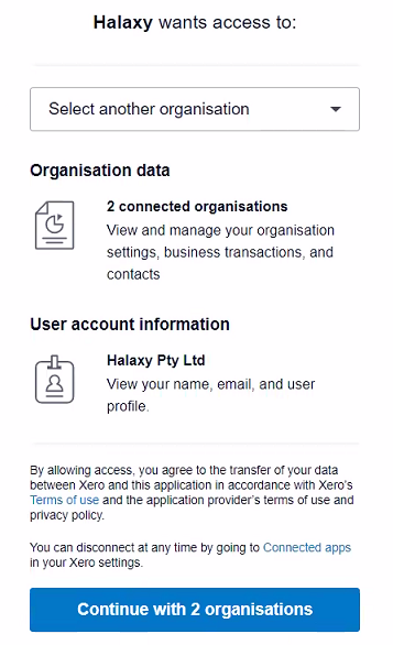 Halaxy asking for access to Xero with a drop-down menu to select organisations