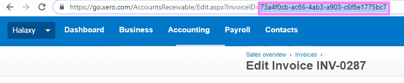 The ID at the end of the URL of the browser address bar for a Xero transaction is highlighted