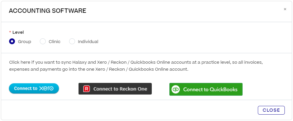 A pop-up titled Accounting Software, with options for level and accounting package