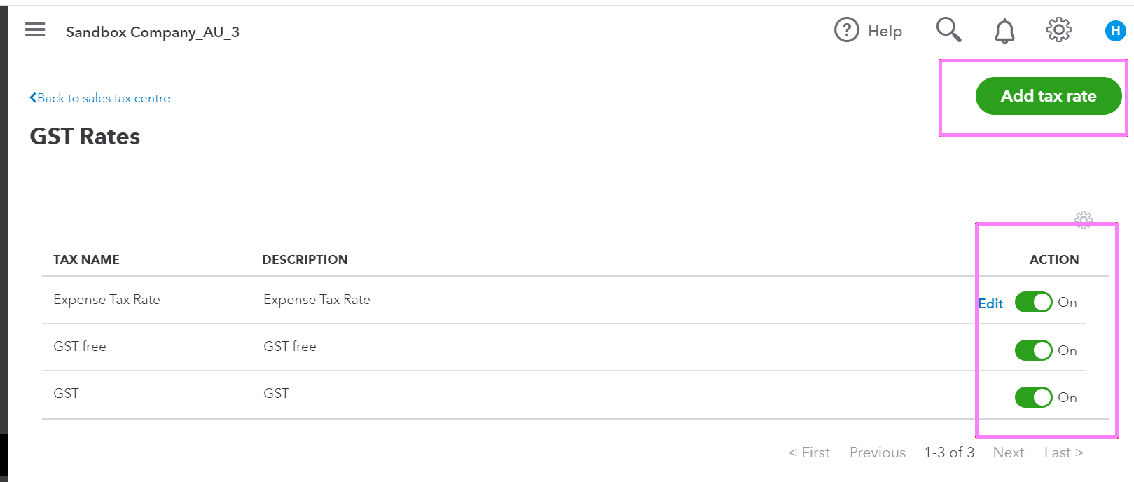 In QuickBooks, "Add tax rate" and "On" in the Actions column is highlighted for each tax rate