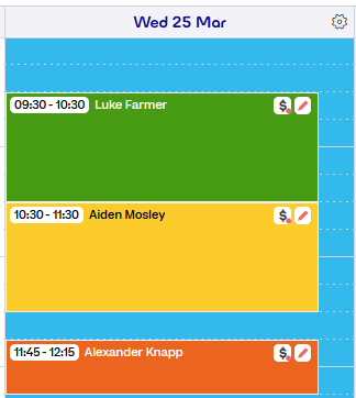 Different appointments in the calendar are shown with different colours based on fee