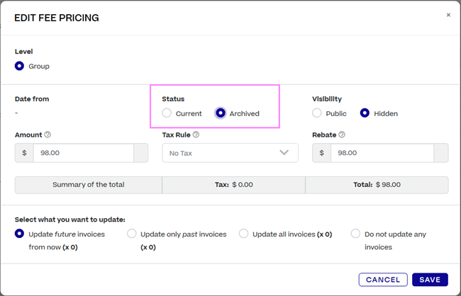 The Edit Fee Pricing block pop-up. The Status radio options are highlighted.