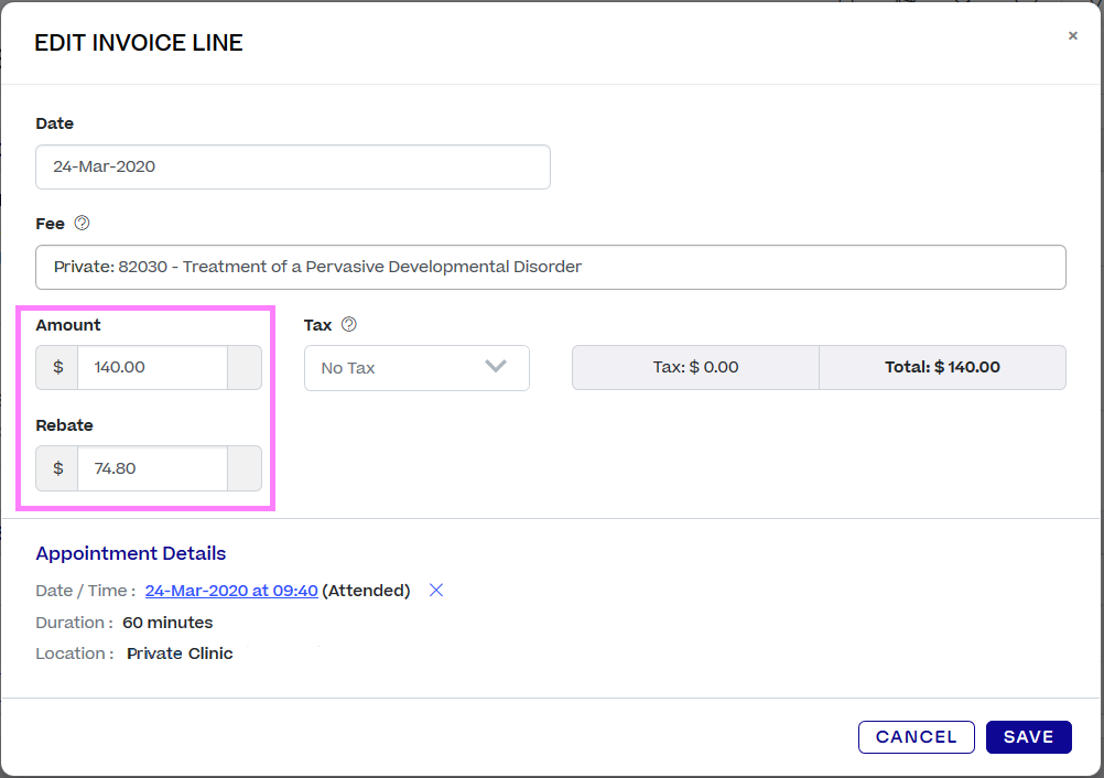 A pop-up titled Edit Invoice Line. The Amount and Rebate fields are highlighted.