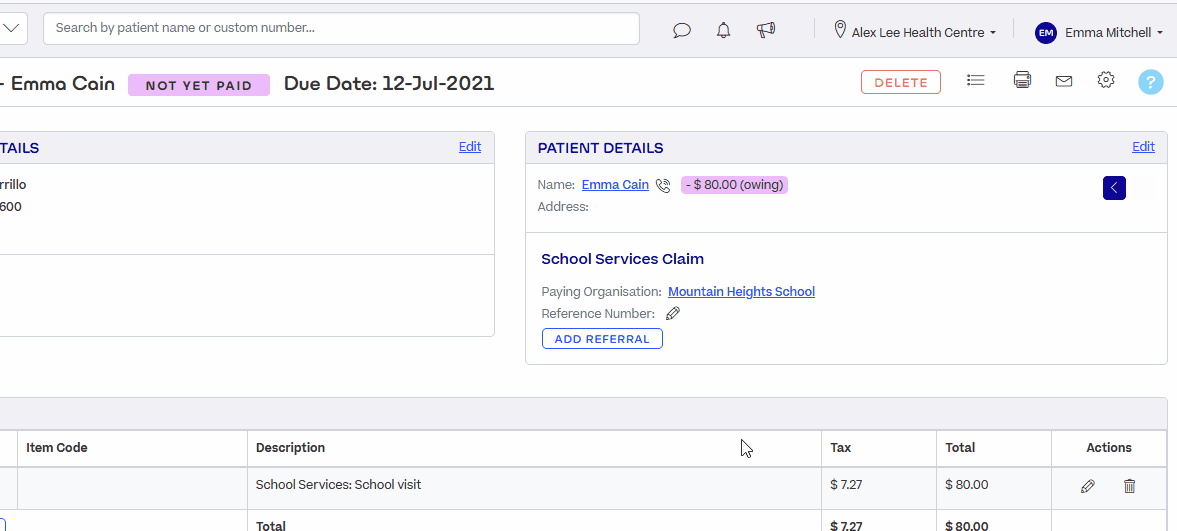 The user clicks the Cogwheel icon on an invoice and changes the payer to Organisation